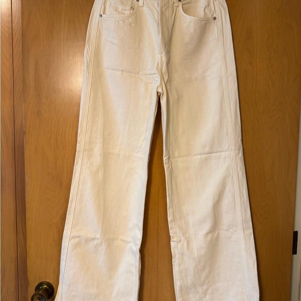 Veronica Beard Taylor Relaxed Wide Leg High Rise Ecru Raw Hem Jeans.